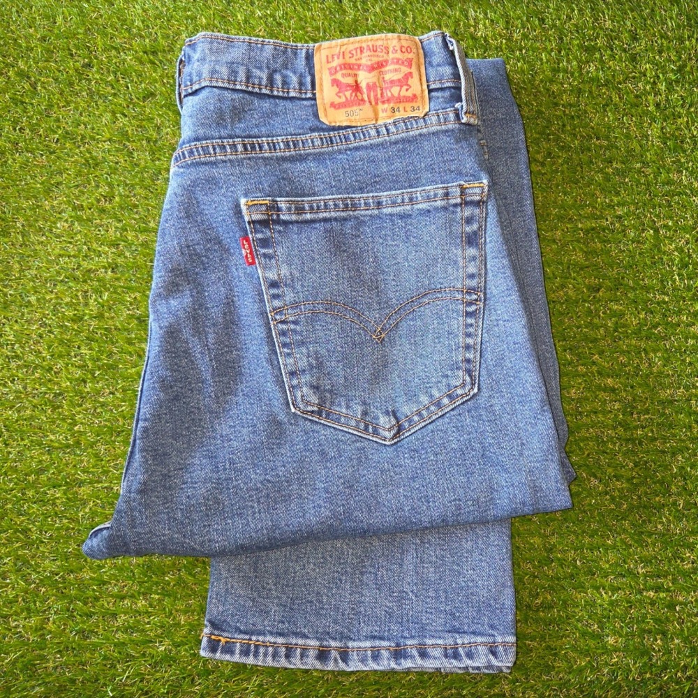 Levi's 505 Regular Fit Size 34x34 Men's Stretch Straight Leg Jeans Medium Wash